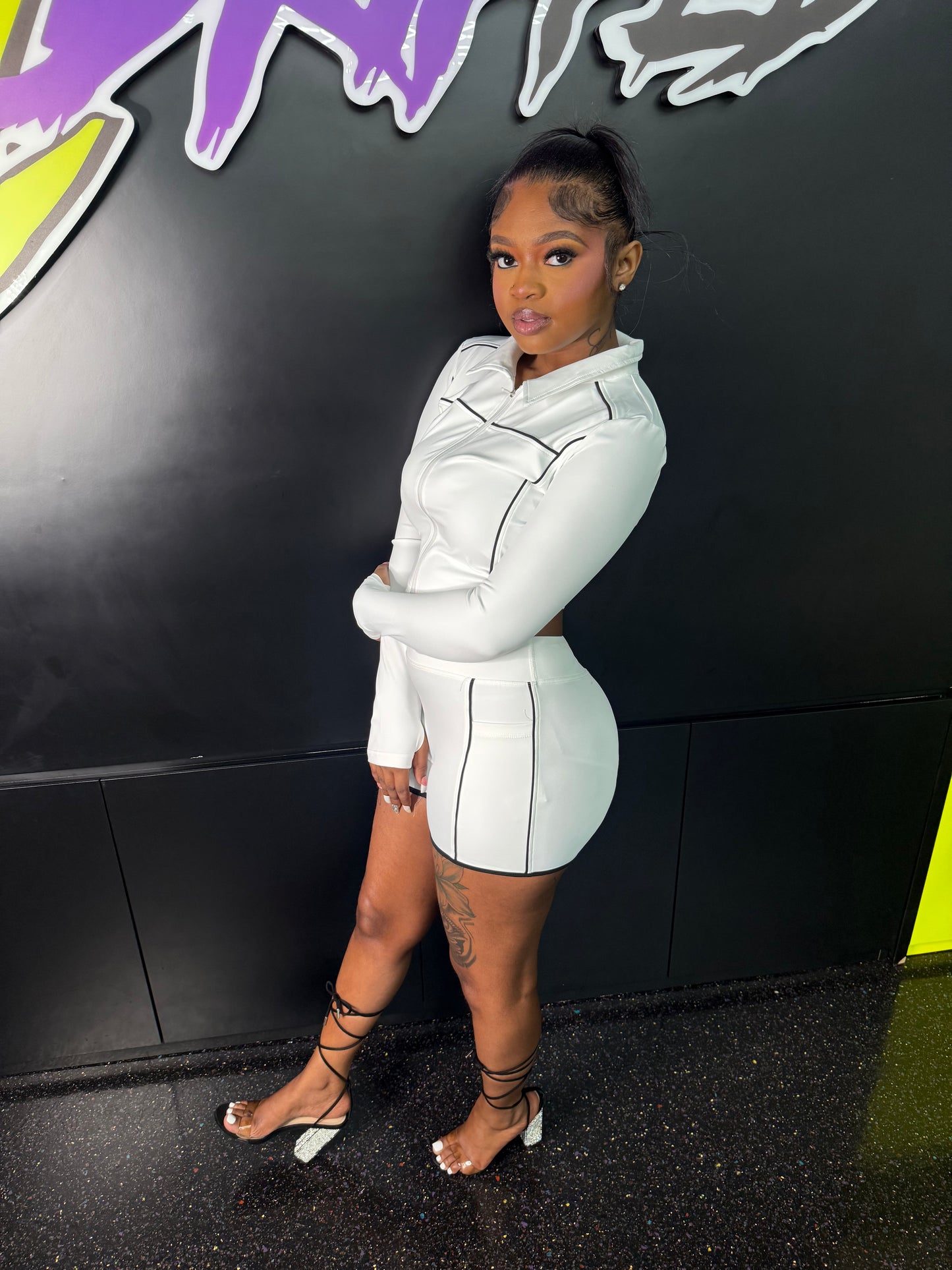 white & black two piece long sleeve and short set (on hand)