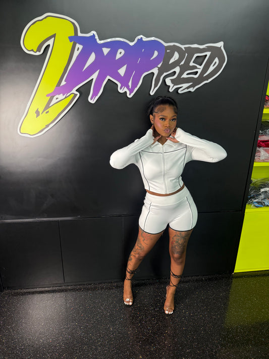 white & black two piece long sleeve and short set (on hand)