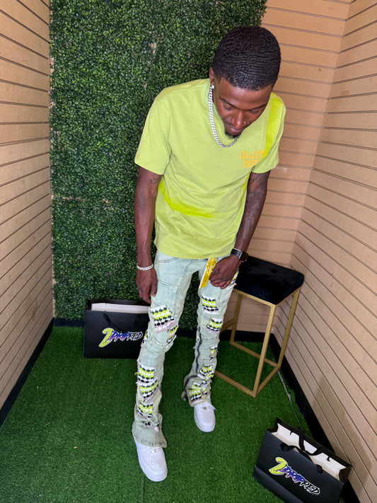 GUAPI SLIME GREEN KNIT PATCHES DENIM