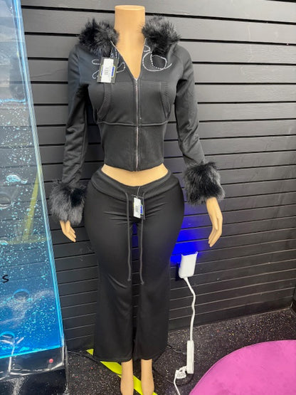 BLACK FUR SLEEVE JACKET & PANTS SET (ON HAND)