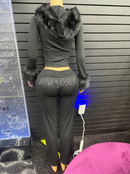 BLACK FUR SLEEVE JACKET & PANTS SET (ON HAND)