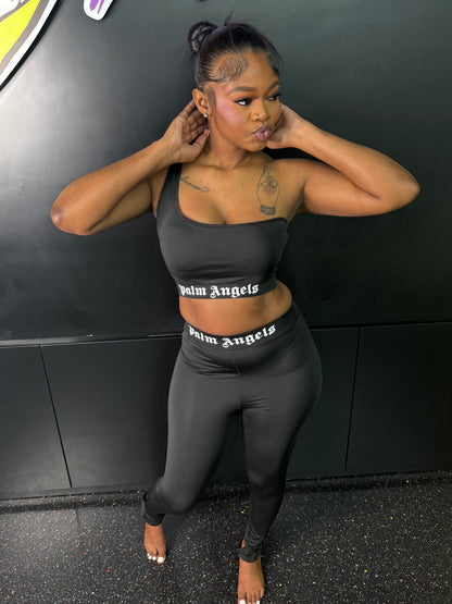 BLACK PA ON SHOULDER SPORTS BRA & PANTS SET (ON HAND)
