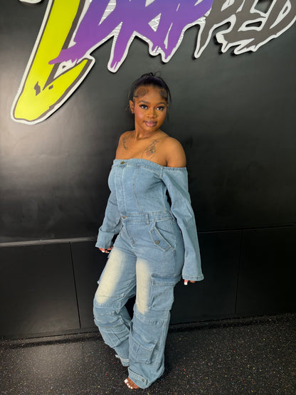 OFF THE SHOULDER DENIM ROMPER (ON HAND)