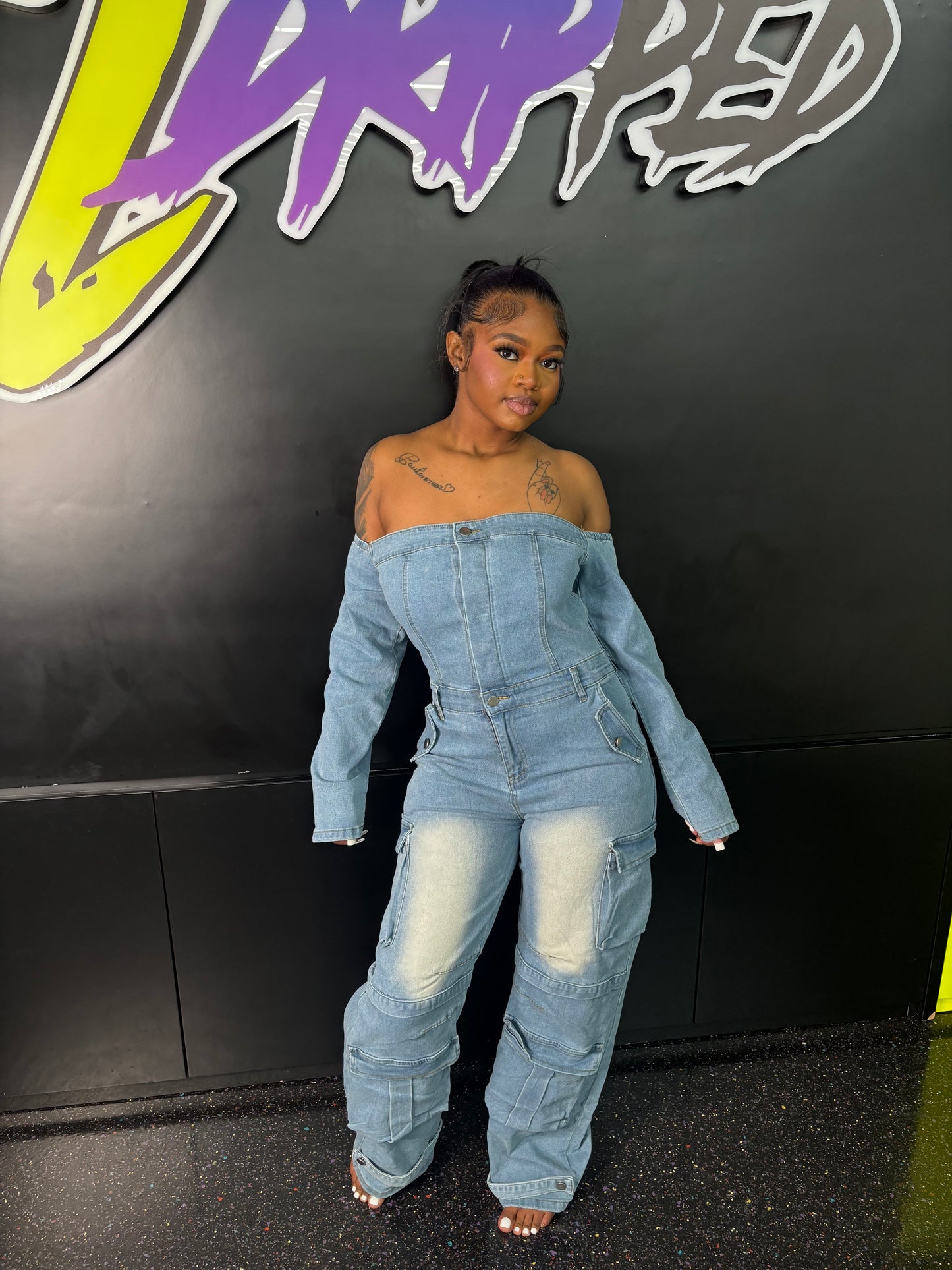 OFF THE SHOULDER DENIM ROMPER (ON HAND)