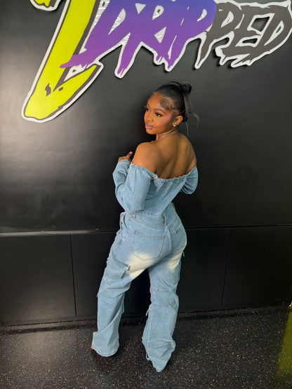 OFF THE SHOULDER DENIM ROMPER (ON HAND)
